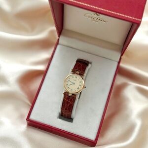 AUTHENTIC VINTAGE CARTIER BROWN LEATHER WATCH - WITH BOX